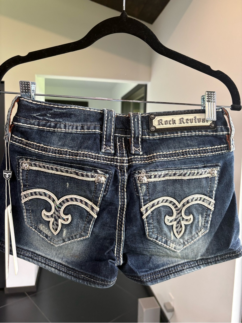 Rock Revival Dark Indigo Denim Shorts with White Embroidery